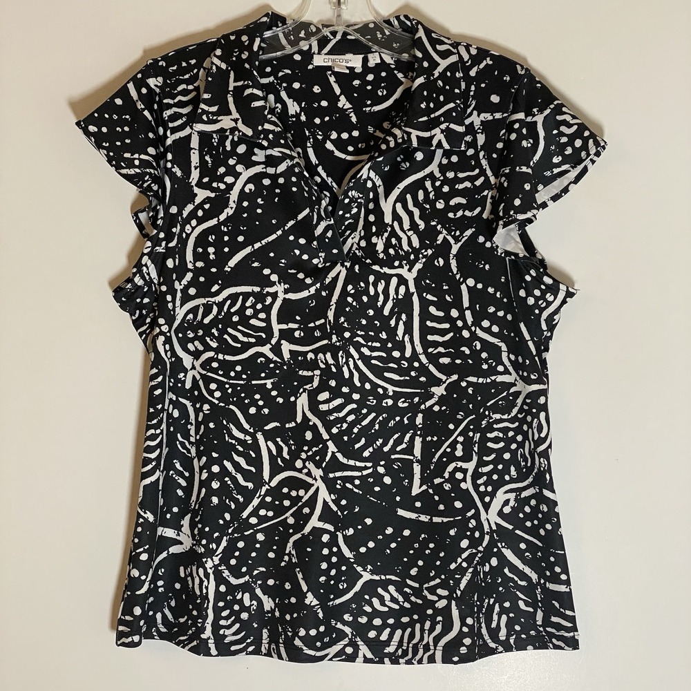 Chicos Top Womens 1 Medium Black White Flouncy Ruffle Sleeve V-Neck Boho Classic